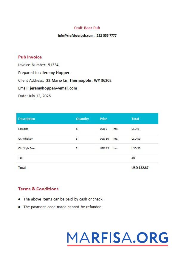 Realistic Free Pub Invoice Template